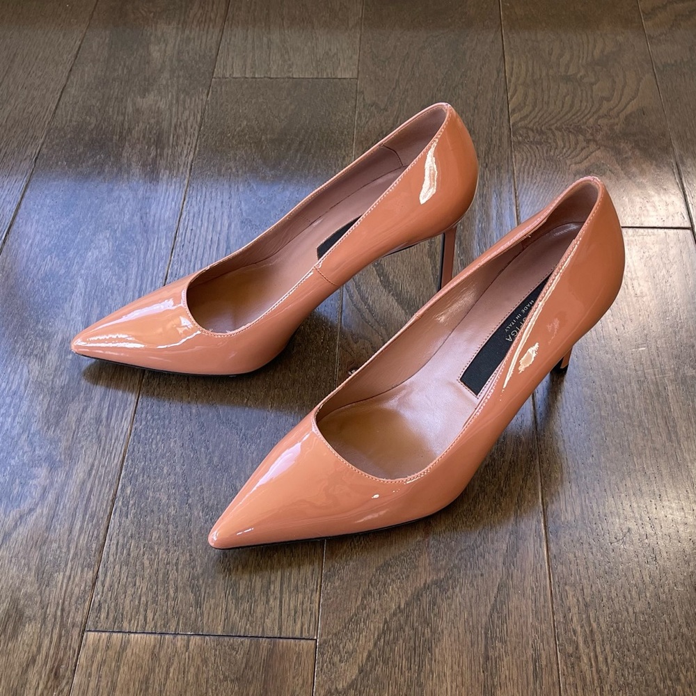 via spiga nikole pointy toe pump in blush patent leather
